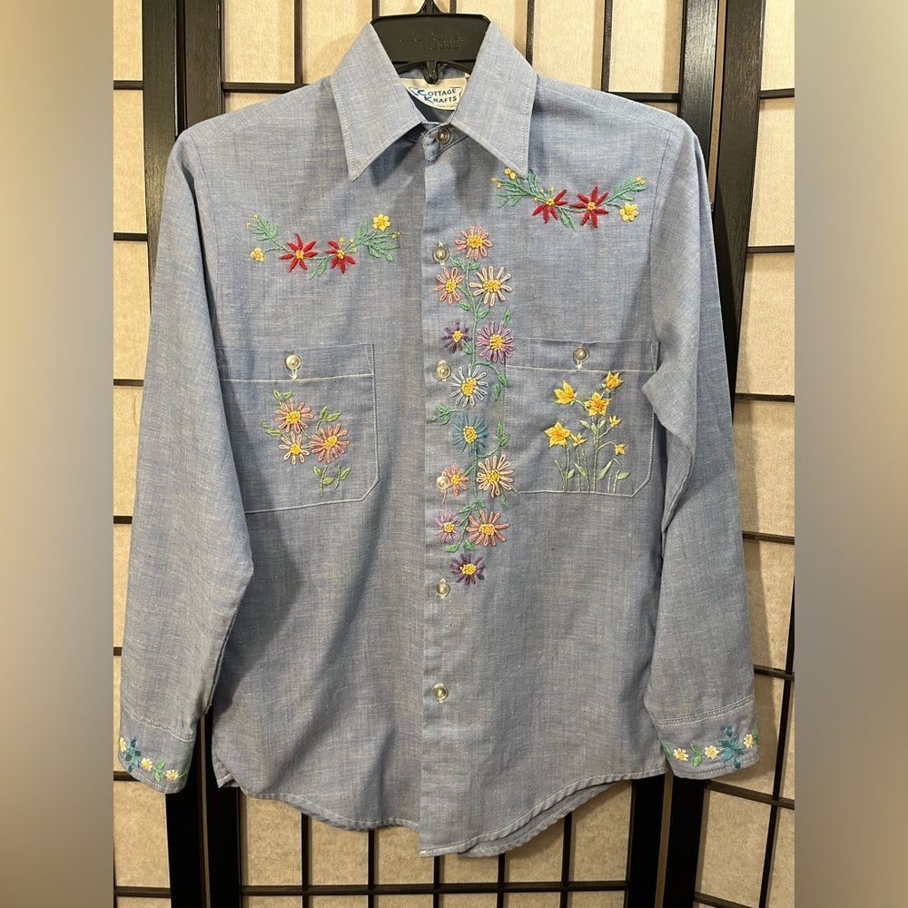 Cottage Krafts Blue Button Up Floral Pattern Shirt